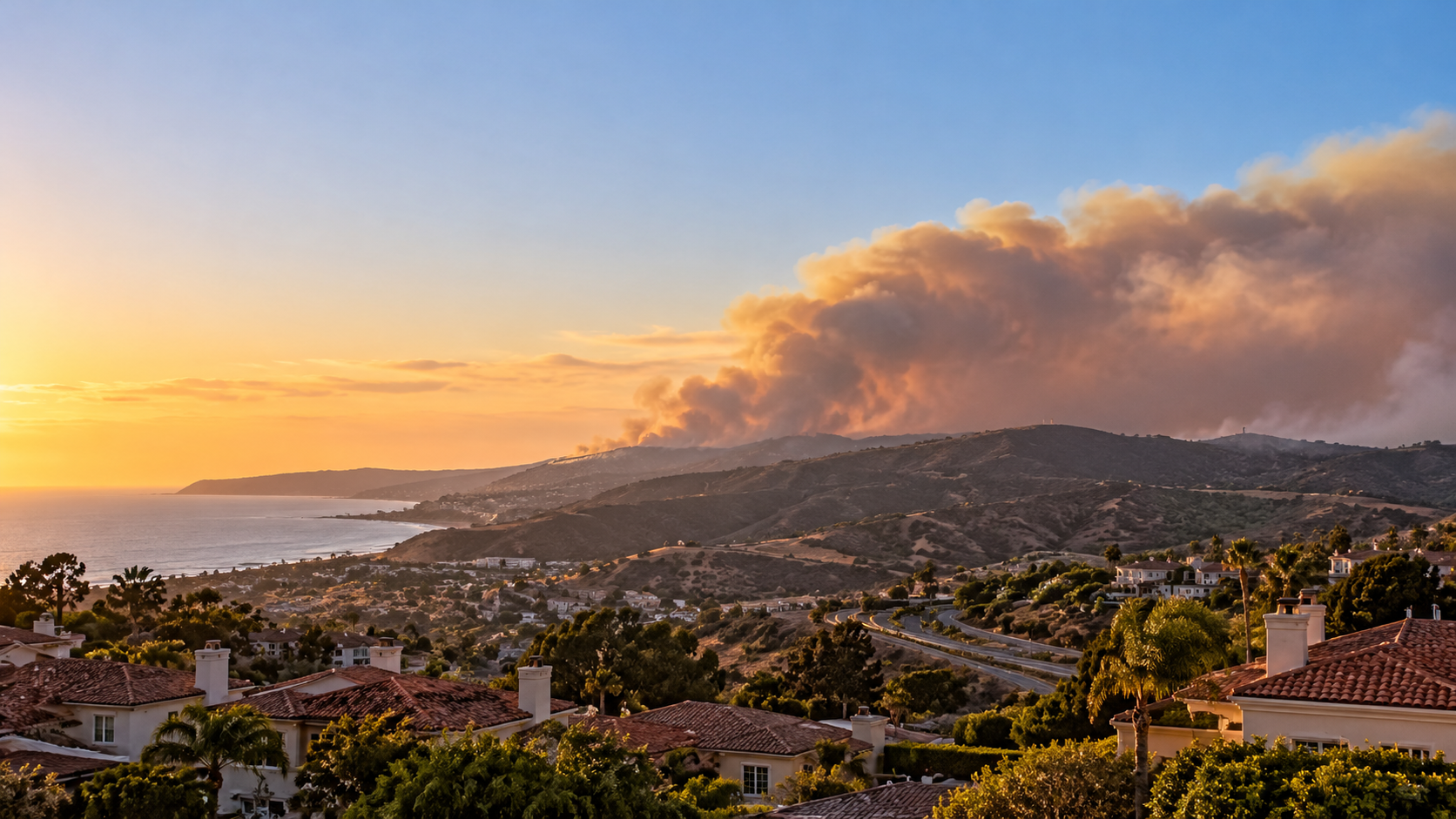 Wildfire smoke rising over coastal hills and homes at sunset